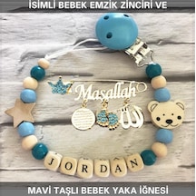 İsimli Bebek Emzik Zinciri ve Mavi Taşlı Bebek Yaka İğnesi Mavi