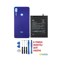 Xiaomi Redmi Note 7 Uyumlu Arka Cam Kapak Pil Kapağı Mavi + Note 7 Pil Batarya Bn4a + Montaj Set
