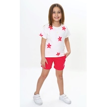 Toontoy Kids Toontoy Kız Çocuk 2'li Takım Baskılı Bisiklet Yaka T-shirt & Beli Lastikli Cepli Şort Fuşya