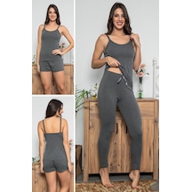 Myben Kadın Antrasit Renkli Şortlu Ve Taytlı Pijama Takımı 3lü Set 75010 Antrasit