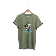 Fishing Balıkçılık Levrek Balığı Baskılı Avcı %100 Pamuk Regular Fit Unisex T-shirt Haki