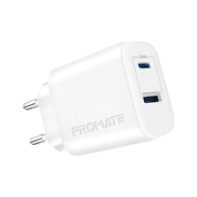 Promate BiPlug-2 17W Yüksek Hızlı Şarj Cihazı, Type-C, USB Beyaz