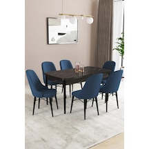 Familieconcept Almira Serisi, Siyah Mermer Desen 80x132 Açılabilir Mdf Mutfak Masası Takımı 6 Adet Sandalye Lacivert