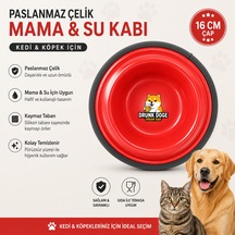 Paslanmaz Çelik Kedi Köpek Mama Ve Su Kabı 16 Cm Kaymaz Tabanlı - Kırmızı
