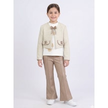 Xo Kids Kız Çocuk Tüvit Ceket Ve Deri Pantolon 3lü Takım 4-14 Yaş 4409 Bej - Kahverengi