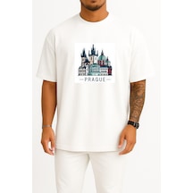Bahriyeli Collection Oversize Çek Cumhuriyeti Prague - Prag Göğüs Baskılı Unisex T-shirt Beyaz