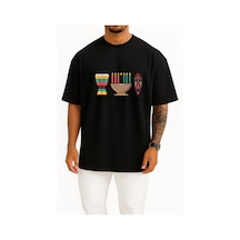 Bahriyeli Collection Oversize Happy Kwanzaa Göğüs Tasarımlı Unisex T-shirt Siyah