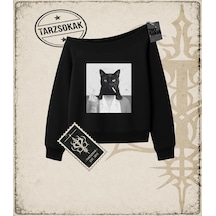 Tarzsokak Gotik & Grunge Streetwear Catwoman Kayık Yaka Sweatshirt Siyah