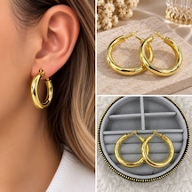 Premium Parlak Ve Şık Gold Renk Büyük Boy Halka 316l Çelik Kadın Küpe Altın