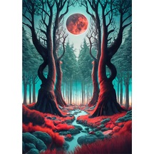 Dolunay Ve Ağaçlar Dekoratif Ahşap Tablo 35cm X50cm