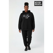 Süperlife Kadın Büyük Beden Kapüşonlu El Yazılı Brooklyn Baskılı İnce Sweatshirt Spr26bswk958 Siyah