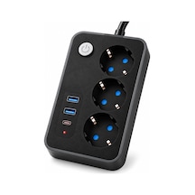 Tr Blic 3'lü Termal Akım Korumalı Uzatma Prizi 2 Metre Kablolu, 2 Usb + 1 Type-c Hızlı Şarj, Çocuk Korumalı, 0