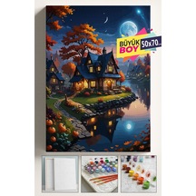 Sayılarla Boyama Seti Numaralı Tuval Fırça Boya Dahil Kasnaklı Set 50x70 Cm - Ay Işığı Göl
