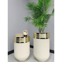 Elegant Dekoratif Gold Darbuka Krem Saksı 70cm + Sehpa 60cm İkili Set
