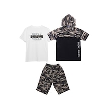 Fyk Kids Erkek Çocuk 3'lü Kamuflaj Desenli Kapri-baskılı Tişört- Kamuflaj Desenli Sweatshirt Alt Üst Takım Haki