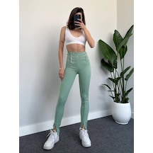Herton Kadın Yüksek Bel Düğme Detaylı Skinny Jean - Paçası Yırtmaçlı Dar Pantolon Kesim Su Yeşili
