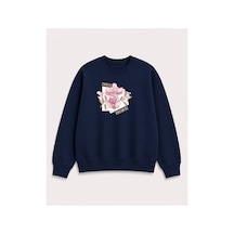 Herkesemoda Choose Çiçek Baskılı 2 İplik Şardonlu Bisiklet Yaka Sweatshirt Lacivert