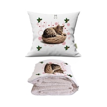 Yeniyıl Sevimli Kedicik Baskılı Dekoratif Yastık Kırlent Opsiyonel Battaniye 2 İn 1