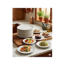12'li Mat Beyaz 24 Cm Dalgalı Kenar Servis Tabağı Seti - Modern Yuvarlak Kahvaltı, Pasta Ve Tatlı Tabakları Beyaz
