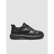 %100 Deri Siyah Taban Armalı Erkek Sneaker Ayakkabı Siyah