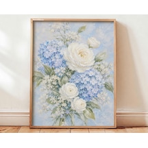 Pastel Çiçekli Baskılı Duvar Sanatı, Kır Evi Tarzı Çiçek Posteri, Mavi Ortanca Beyaz Şakayık Tablosu, Fransız Kırsal Tarzı Dijital İndirme Baskısı