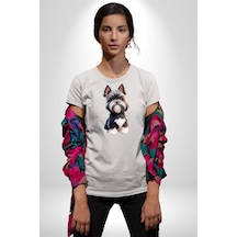 Sevimli Beyaz Gri Köpek Unisex Unisex Beyaz Organik Baskılı T-shirt Penye Yüksek Kalite Beyaz