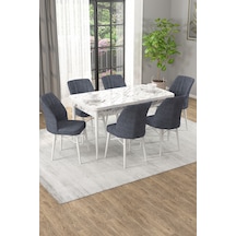 Arel Beyaz Mermer 80x132 Açılabilir Mdf Masa Yemek Odası Takımı, Mutfak Takımı 6 Adet Sandalye Beyaz Mermer - 6 Füme - Beyaz Ayak