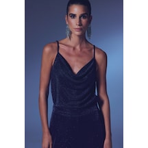 Sateen Simli Degaje Yaka Bluz - Lacivert-135305 Lacivert
