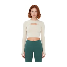 Ersefa Moda Bisiklet Yaka Örme Fit Düz Desen Sportswear Crop Uzun Kol Bl Taş