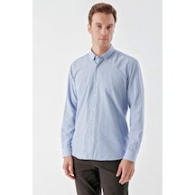 Morven Erkek Mavi Trend Çizgili Desen Düğmeli Yaka Regular Fit Gömlek