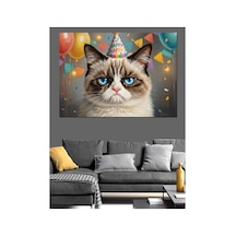 Doğum Günü Şapkalı Huysuz Kedi Yağlı Boya Dokulu Kanvas Tablo Canvas Tablosu