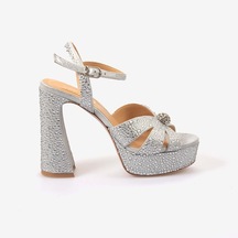 Hawen Angels Kadın Saten 12,5 Cm Platform Topuklu Taşlı Gece & Abiye Ayakkabı 380-75 Gümüş