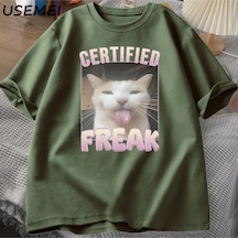 Flood Of Style Sertifikalı Freak Komik Kedi Meme T-shirt Adam Kısa Kollu Tişört Erkek Tshirt Erkek Giysileri Yeşil