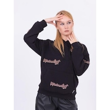 Kız Çocuk Kapüşonlu Punch İşlemeli Şardonlu Kapüşonlu Sweatshirt-13457-siyah Siyah