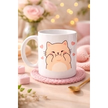 Sevimli Kedi Tasarımlı Porselen Kupa Model 193 Kalpli Cute Cat Baskılı Kahve Kupası Sevgiliye Hediye Sevimli Kupa Diğer