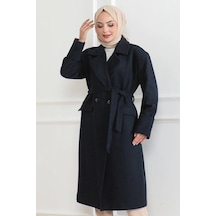 Ertaştrendstore Kadın Kaşe Kaban Uzun Boy Kruvaze Yaka Kuşaklı Tesettür Kaşe Kaban Astarlı - Lacivert Çok Renk