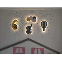 Çocuk Odası Dekoratif Ahşap Filli Ay Balonlar Ve Fil Gece Lambası Ledli Aydınlatma