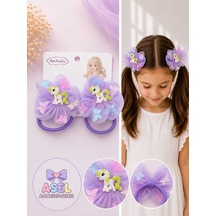 2'li Set Kelebek Desenli Tül Fiyonk Ve Unicorn Figürlü Kız Çocuk Lastikli Toka - 4 Farklı Renk Mor