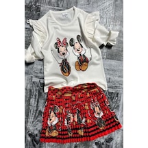 Riccotarz Kız Çocuk Omzu Fırfırlı Mickey Ve Minnie Baskılı Beyaz Bluz Etekli Takım 001