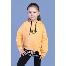 Toontoy Kız Çocuk Kapüşonlu Garni Detaylı Baskılı Sweatshirt Turuncu