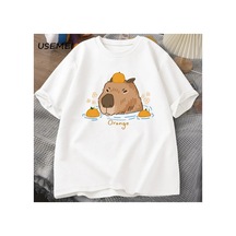 Tarzsokak Capybara Portakallar İle Yüzme T-shirt Boy T Shirt Unisex Pamuk Shrot Kollu Karikatür Hayvan Beyaz
