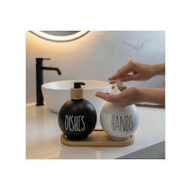 Lüks 2'li Cam Sabunluk Seti - 450 Ml Şişe Ve Bambu Standlı 3 Parça Mutfak & Banyo Seti Siyah Ve Beyaz