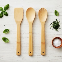 3'lü Bambu Mutfak Gereç Seti Doğal Ahşap Spatula, Kaşık Ve Servis Çatalı Yapışmaz Tencere Dostu, Ve Isıya Dayanıklı Ahşap Mutfak Seti 30 Cm Açık Kahverengi - Beyaz
