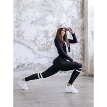 Lismina Alt Bacağı Çift Beyaz Şeritli Siyah Ekstra Yüksek Bel Toparlayıcı Spor Tayt Siyah