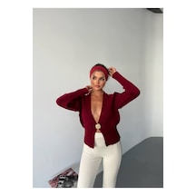 Kechi Woman Gold Aksesuarlı Tek Düğme Triko Hırka Bordo