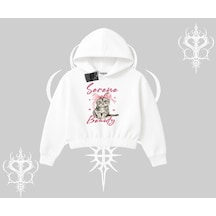 Serene Beauty Kedi Baskılı Kapşonlu Crop Sweatshirt Beyaz