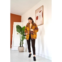 Lucky Life Kadın Hardal Fuşya Düğmeli Ekoseli Kaban Çok Renkli