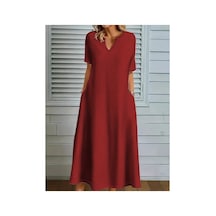 Butik İstanbul Kadın Kısa Kollu V Yakalı Cep Detaylı Uzun Janjan Krep Elbise Kırmızı