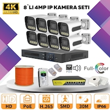8'li Güvenlik Ip Kamera Seti - 4mp Dış Mekan Kamera, 3.6mm Lens, H.265, Poe, Warm Led Gece Görüşlü