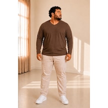 Sngl Tekstil Erkek Büyük Beden Oversize Uzun Kollu V Yaka T-shirt 3xl 4xl 5xl 6xl 7xl 8xl 9xl Kahverengi